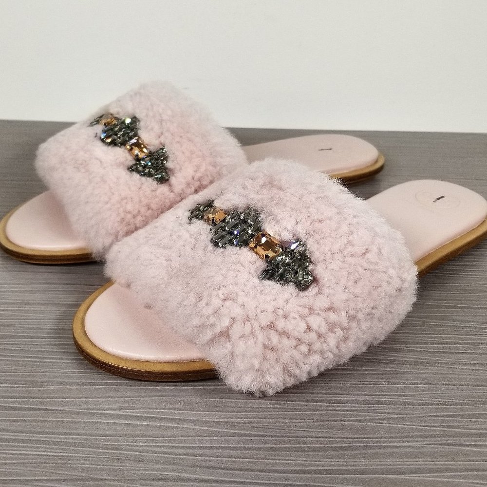 Tory Burch Embellished Genuine Shearling Slide Sandal, Pink, Womens Size 8 M